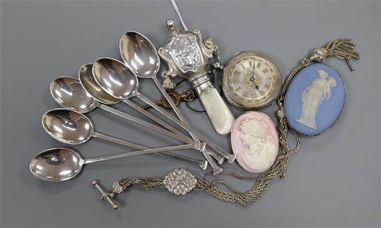 A 9ct. mounted cameo, six silver teaspoons, a silver fob watch, silver babys rattle etc.